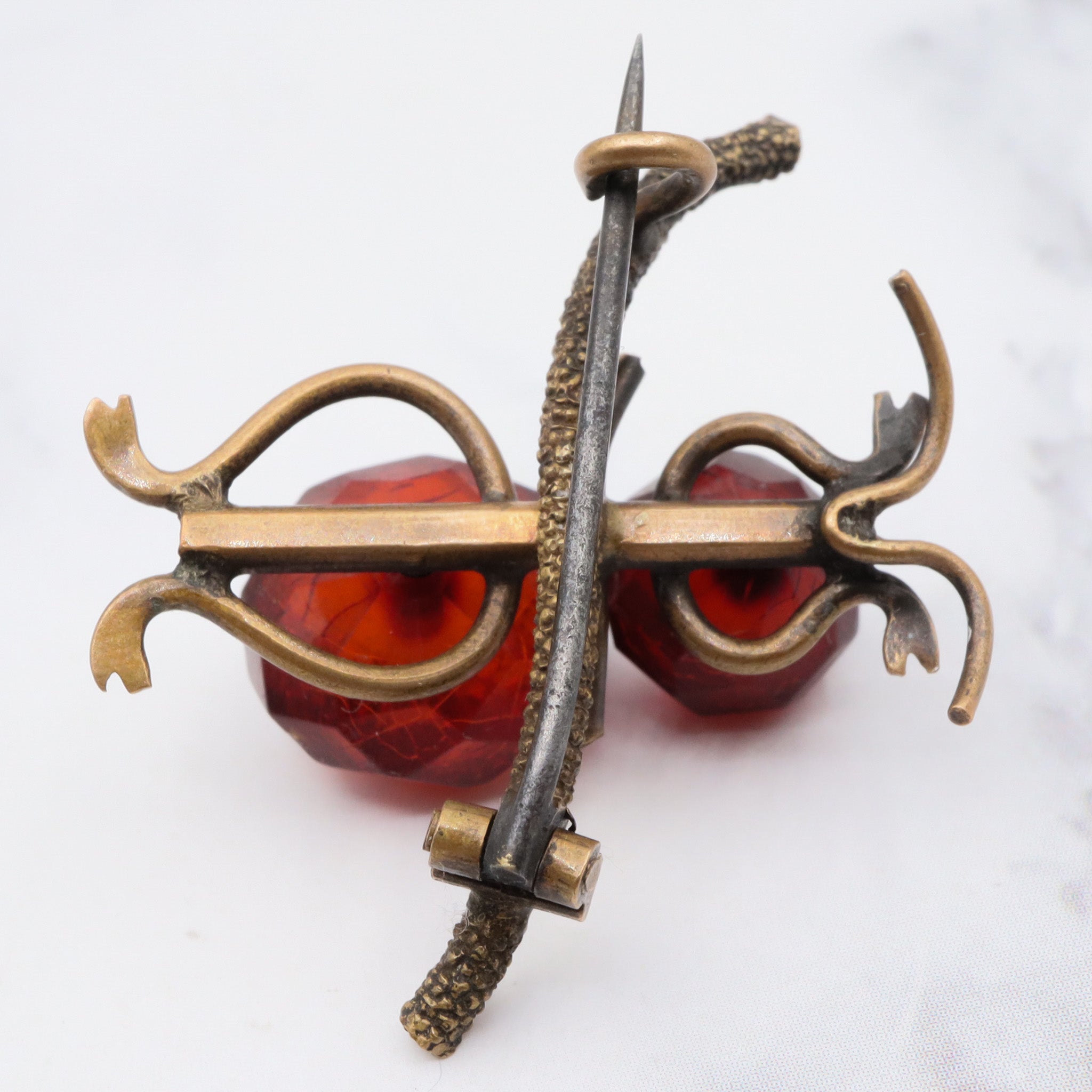 Antique brass and faceted amber large insect brooch